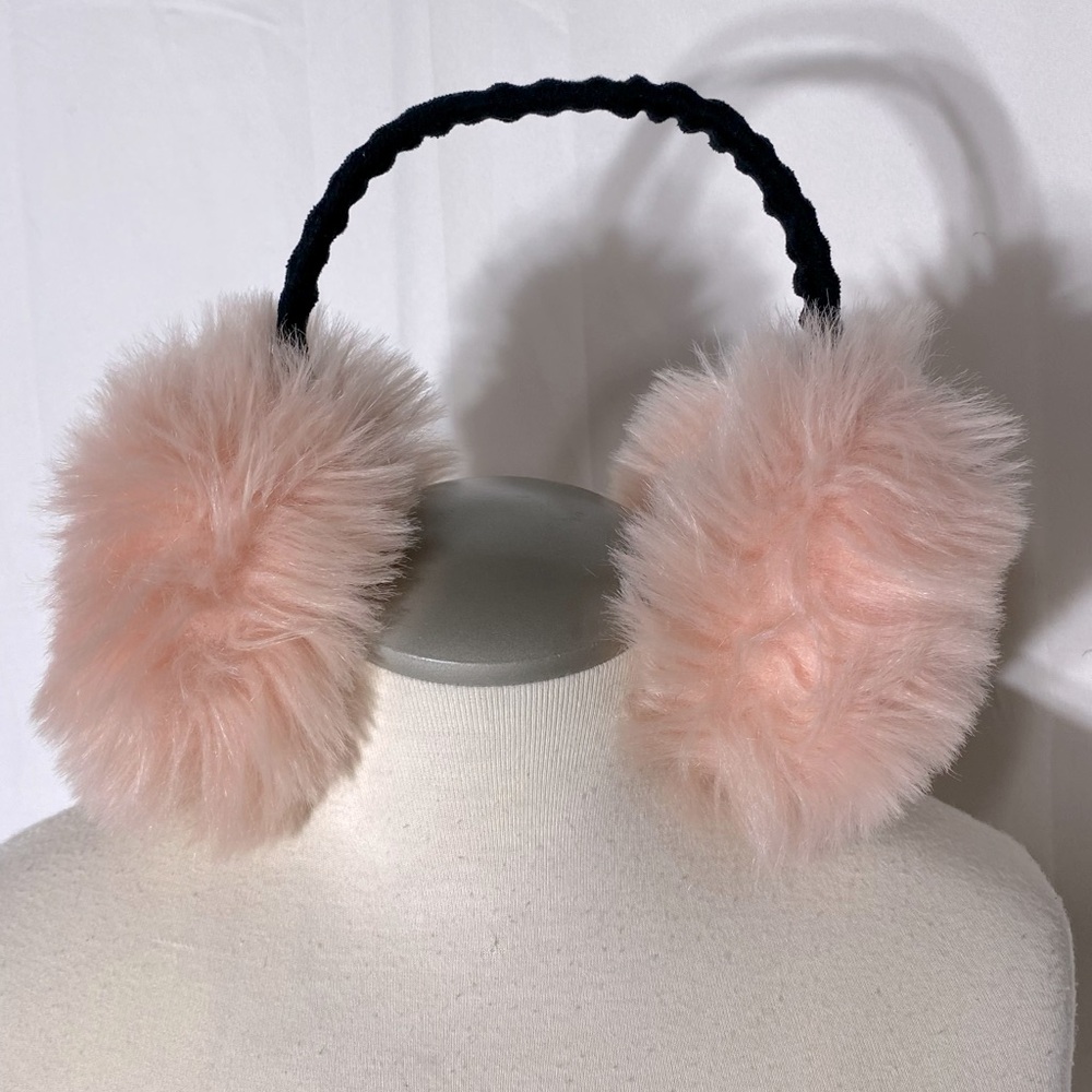 Women’s Light Pink Fluffy Faux Fur Ear Muffs With black Velvet Headband - Picture 6 of 10